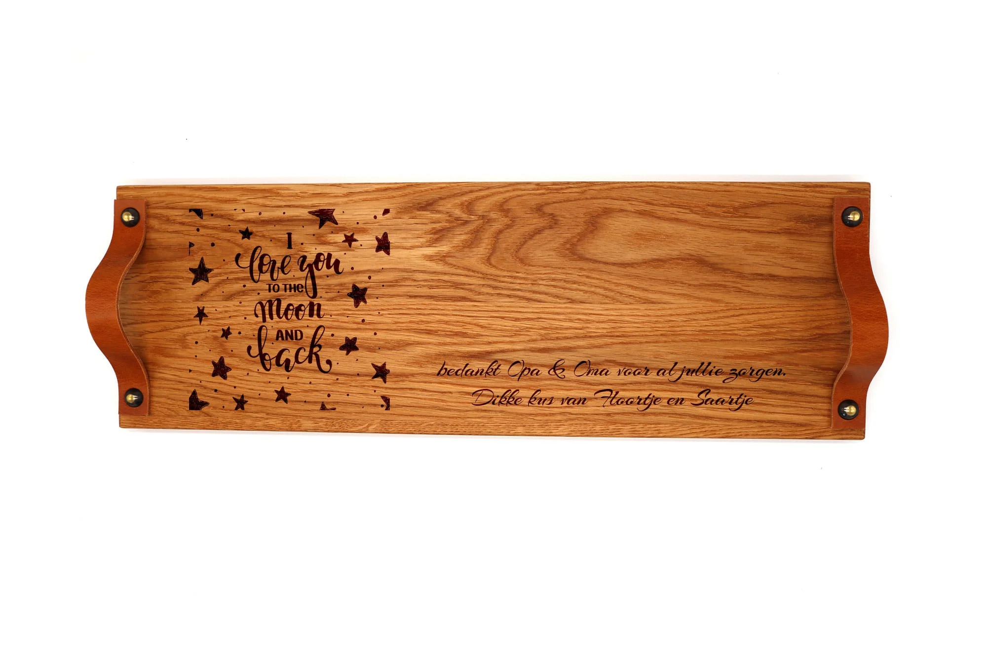 Eiken borrelplank met leren handvaten - Afbeelding 2