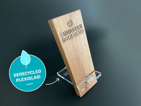 Luxe telefoonhouder met eikenhout en gerecycled plexiglas